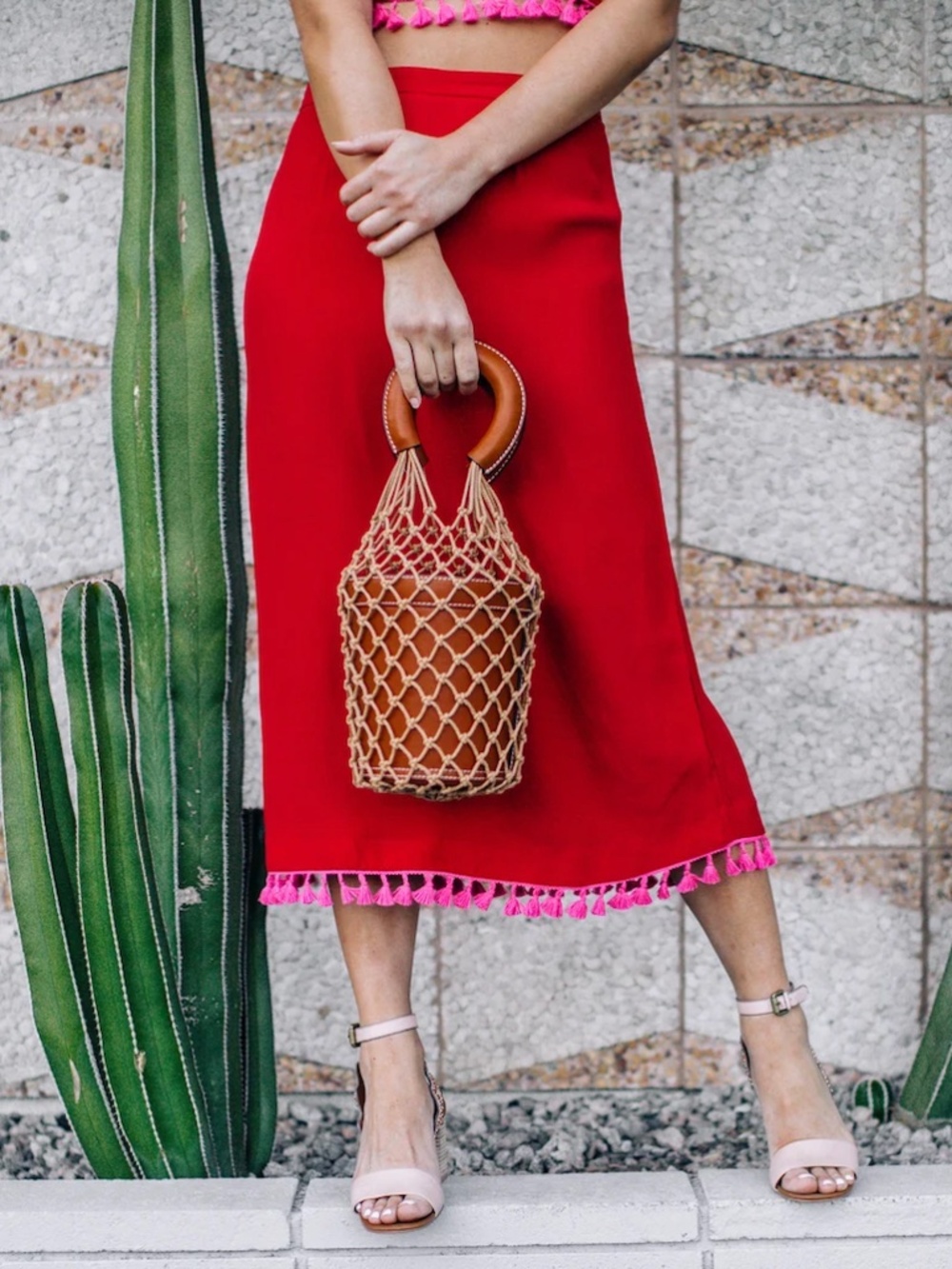 STAUD Red + Pink Tassel Midi A Line Skirt, Boho Party Colorful, Size XS